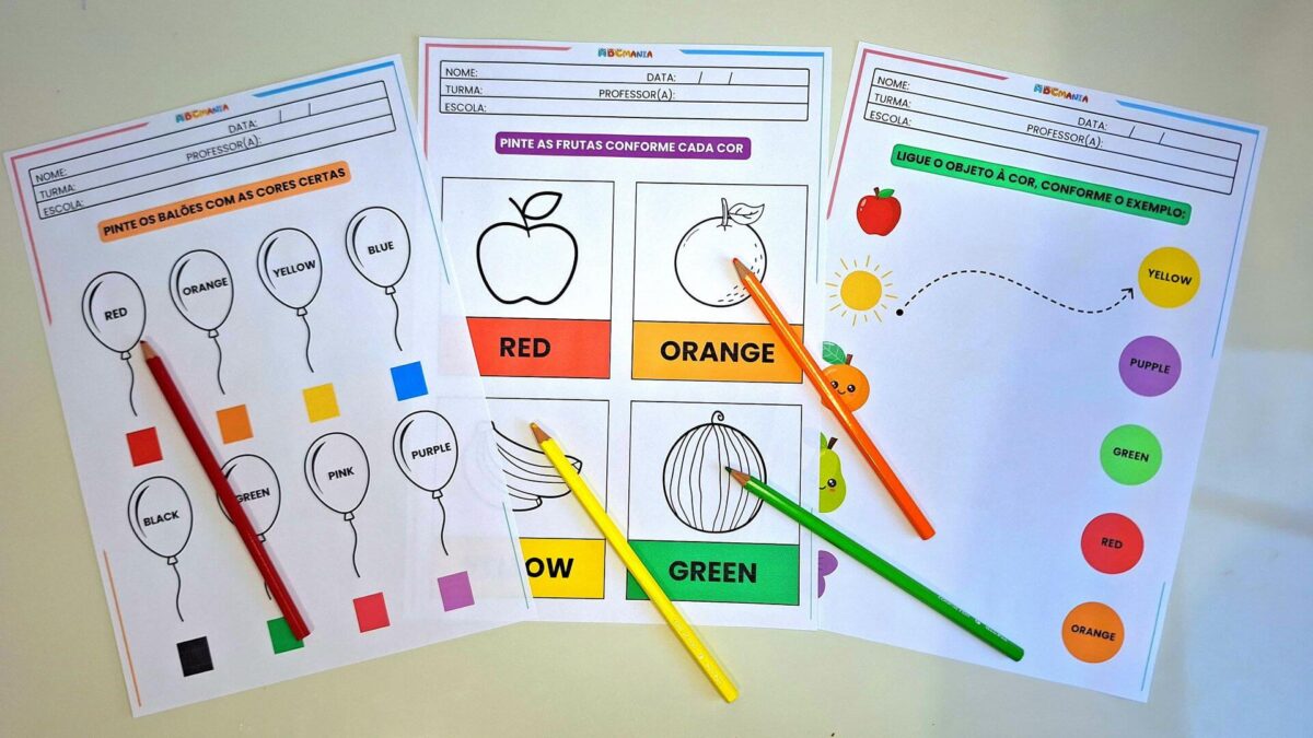 12 Atividades das Cores em Inglês para Imprimir Atividade de Pintar as cores em Inglês - Atividade de Ligar - Atividade de Inglês Nome das Cores