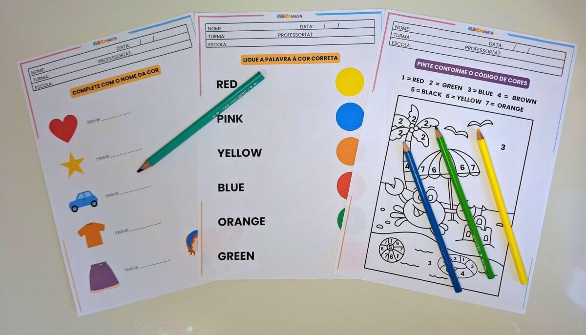 12 Atividades das Cores em Inglês para Imprimir Atividades das Cores em Inglês Identifique a cor - Atividade para Ligar - Atividade de Pintar com Cores em Inglês