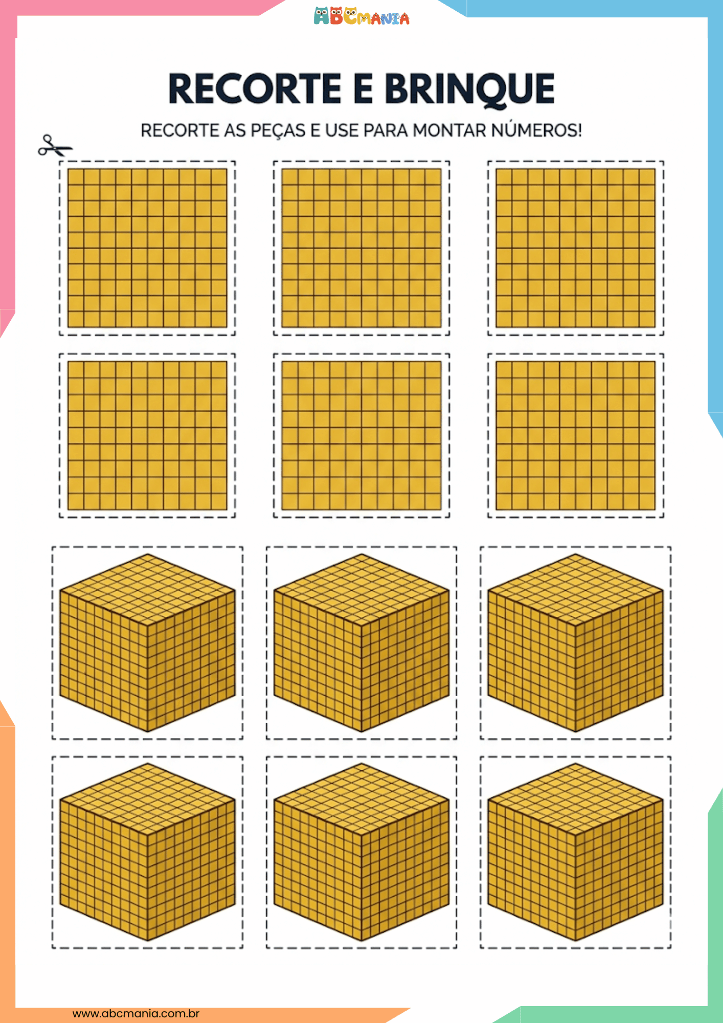 Folha de recorte com 6 placas quadradas douradas em grade 10x10 e 6 cubos grandes dourados com linhas tracejadas para recortar e manipular