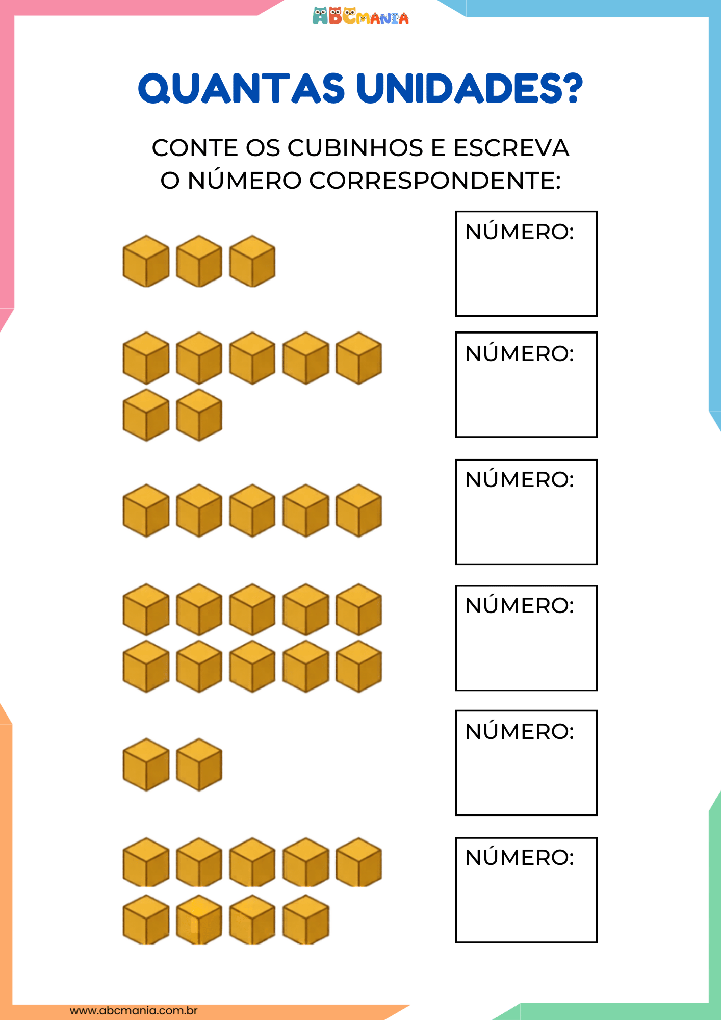 Exercício de contagem com grupos de cubinhos dourados em seis linhas diferentes para o aluno contar e escrever o número correspondente em cada caixa