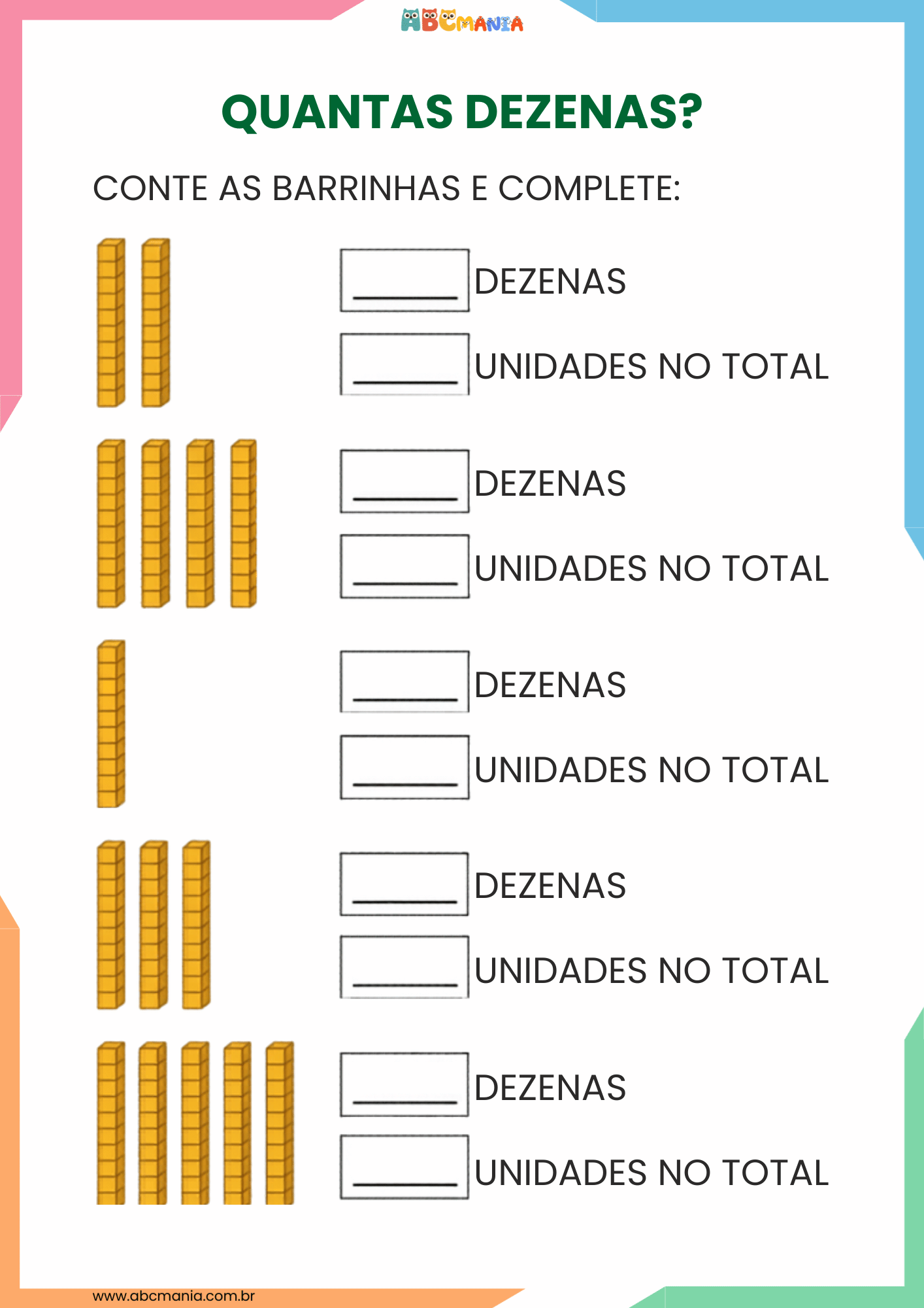 Exercício com cinco grupos de barrinhas douradas para contar dezenas e calcular o total de unidades correspondentes.