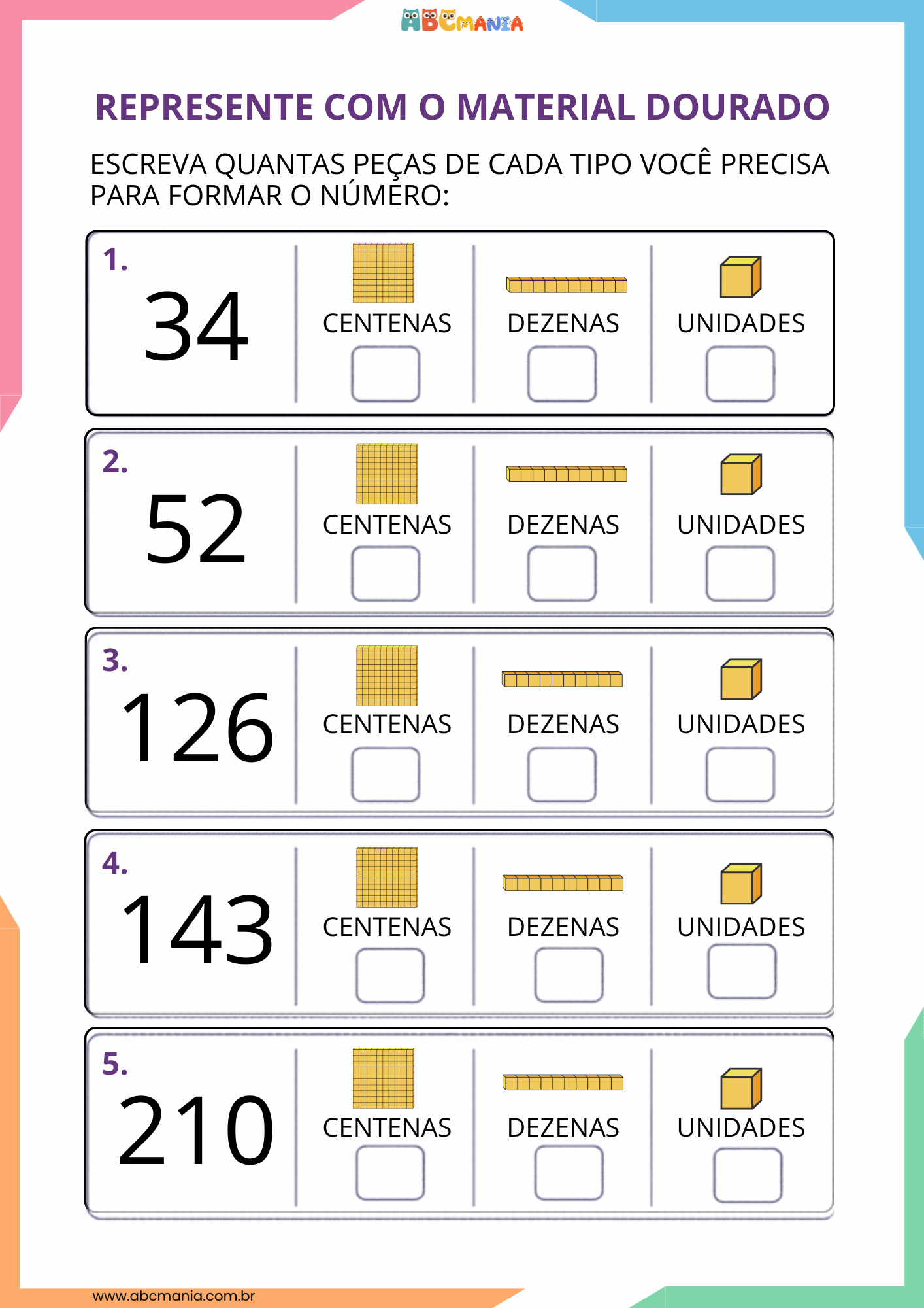 Cinco números (34, 52, 126, 143, 210) para o aluno indicar quantas centenas, dezenas e unidades cada um possui preenchendo caixas de resposta.