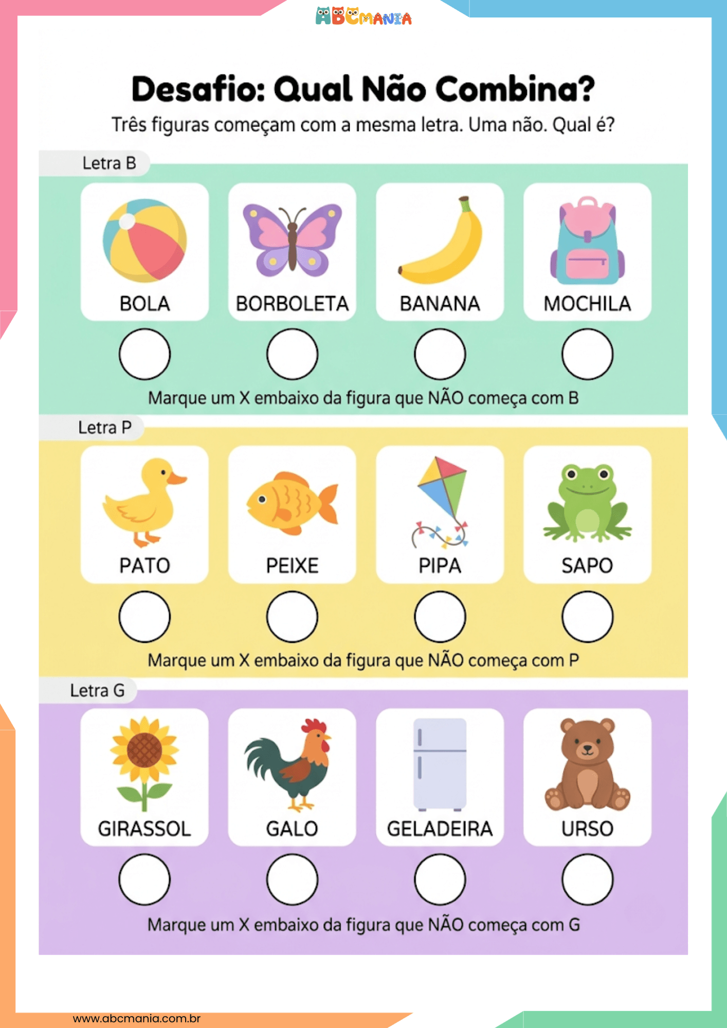 Desafio qual não combina com grupos de figuras iniciadas pelas letras B, P e G