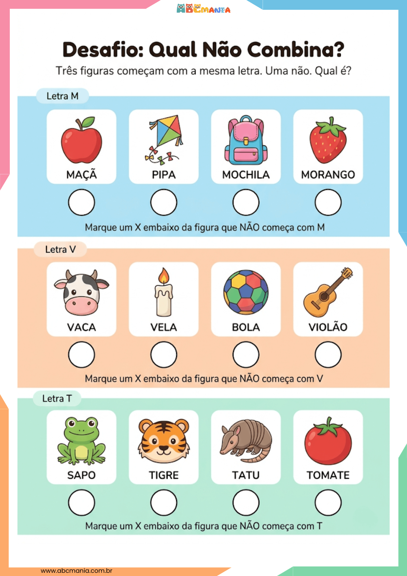 Desafio qual não combina com grupos de figuras iniciadas pelas letras M, V e T