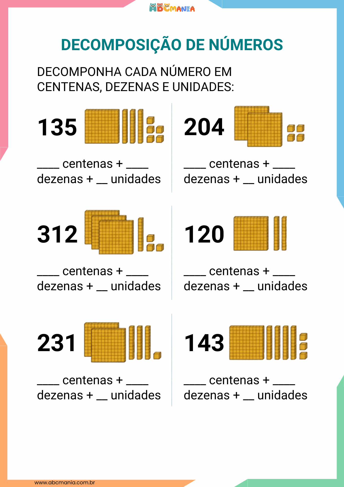 Seis números de três algarismos (135, 204, 312, 120, 231, 143) com representação visual em Material Dourado para decompor em centenas, dezenas e unidades