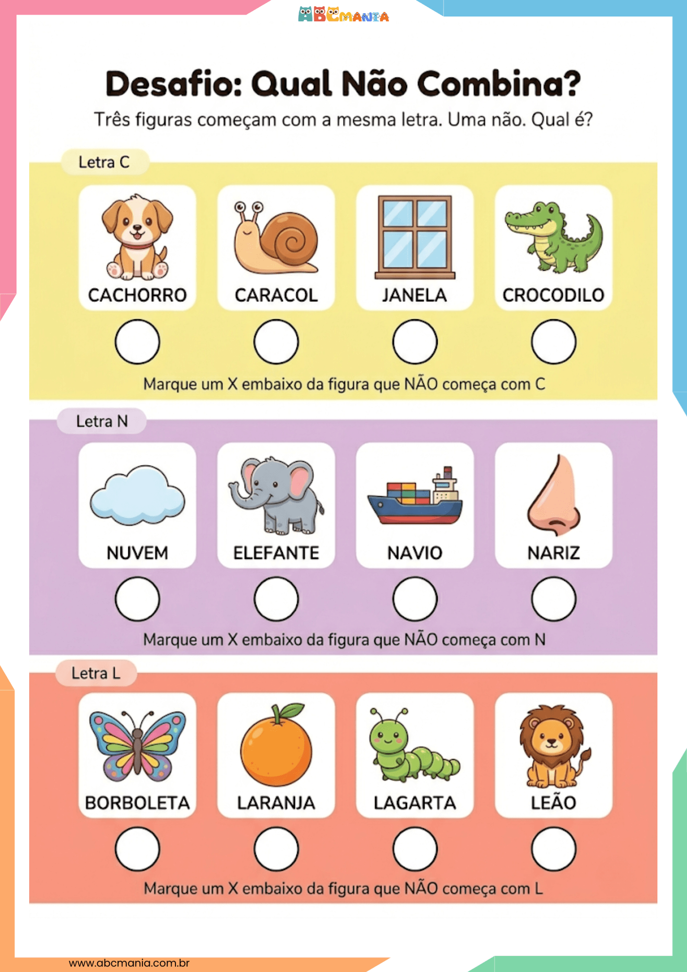 Desafio qual não combina com grupos de figuras iniciadas pelas letras C, N e L