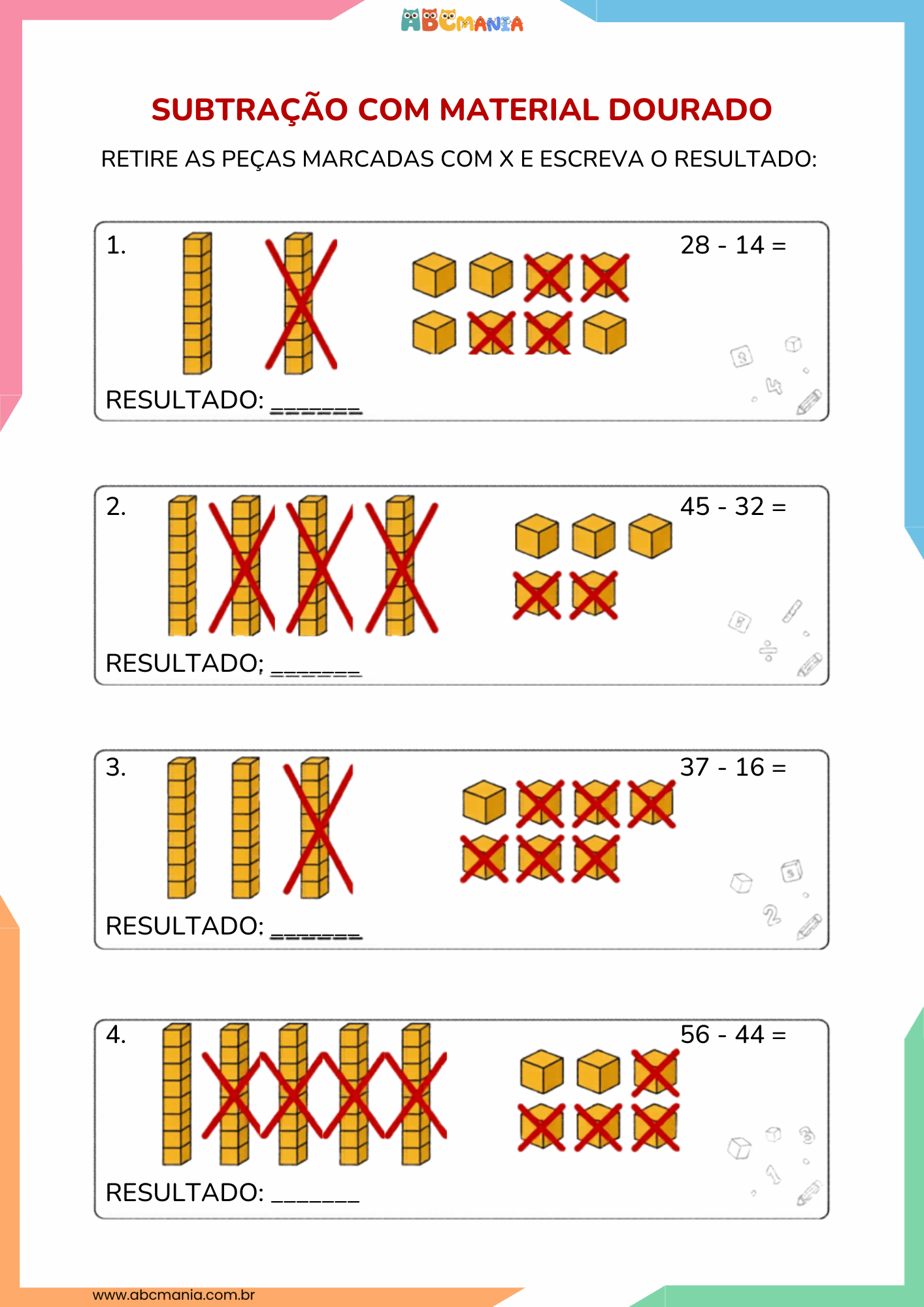 Quatro subtrações com peças do Material Dourado onde as peças a serem retiradas estão marcadas com X vermelho para o aluno calcular o restante.
