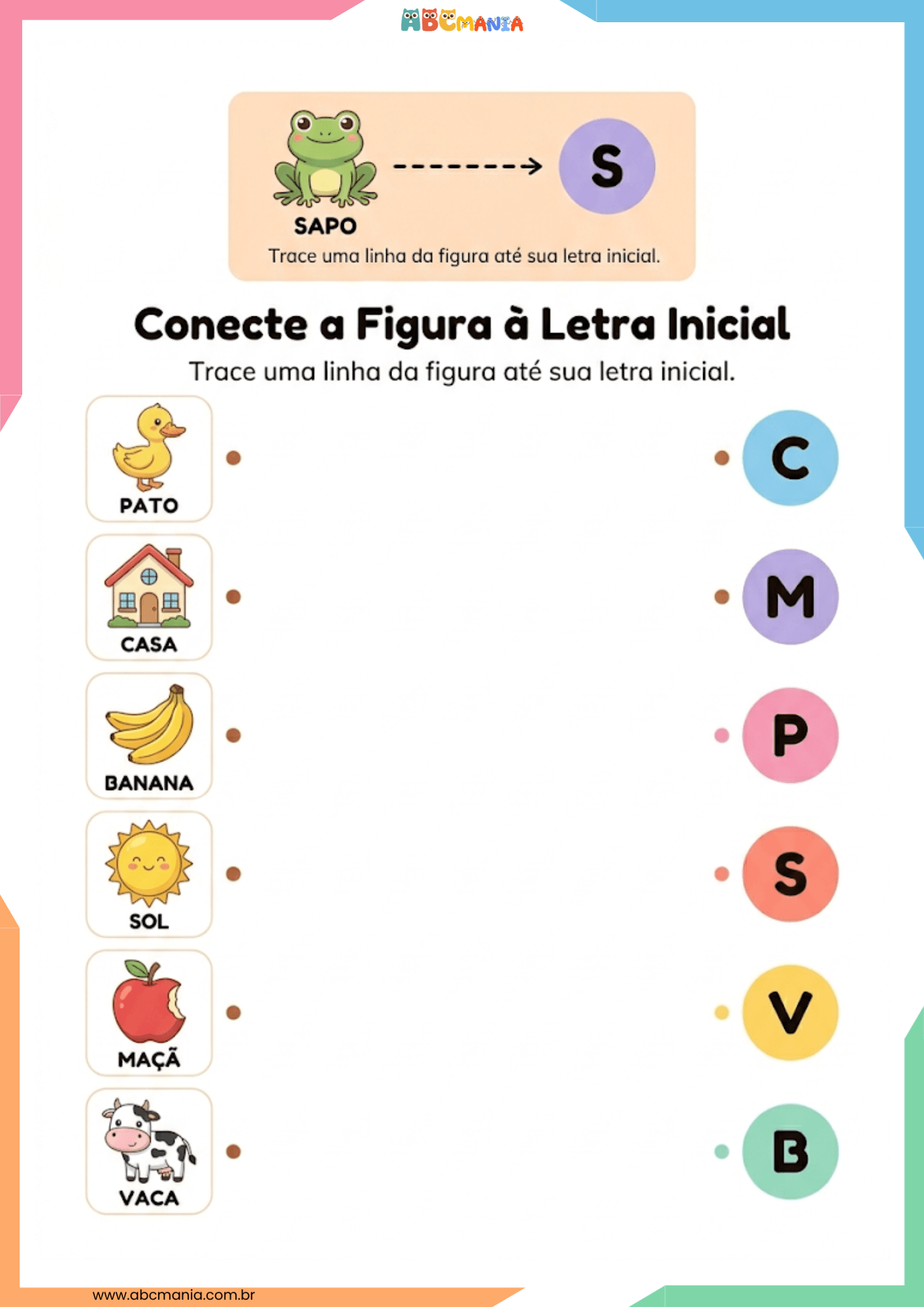 Atividade de ligar figuras à letra inicial com pato, casa, banana, sol, maçã e vaca