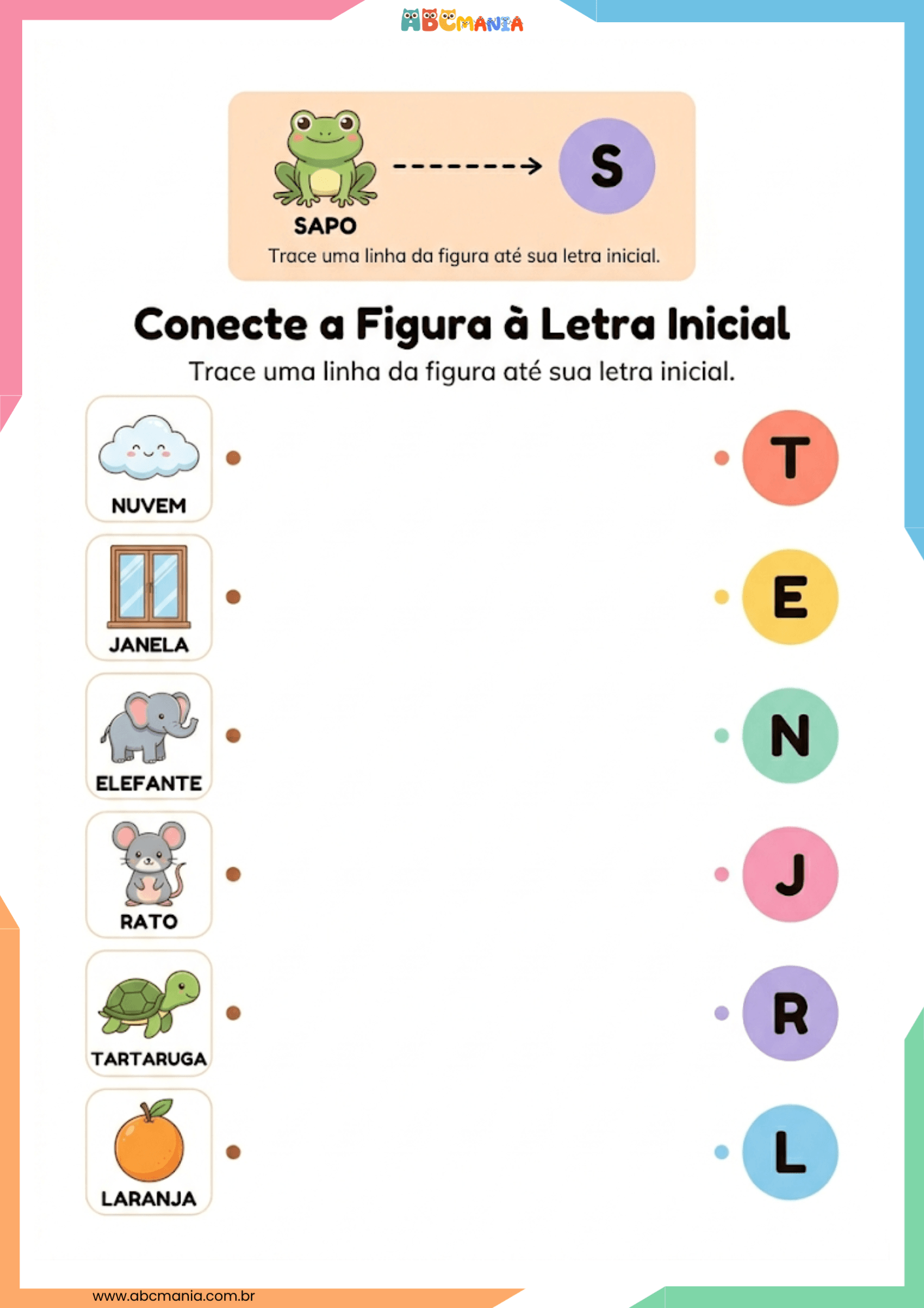 Atividade de ligar figuras à letra inicial com tartaruga, elefante, nuvem, janela, rato e laranja