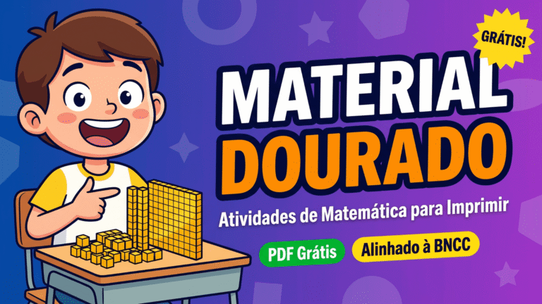 Criança animada manipulando blocos de Material Dourado dourados em uma carteira escolar, representando atividade de matemática com números e composição