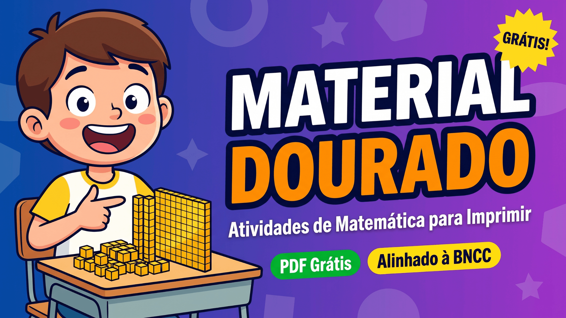 Criança animada manipulando blocos de Material Dourado dourados em uma carteira escolar, representando atividade de matemática com números e composição