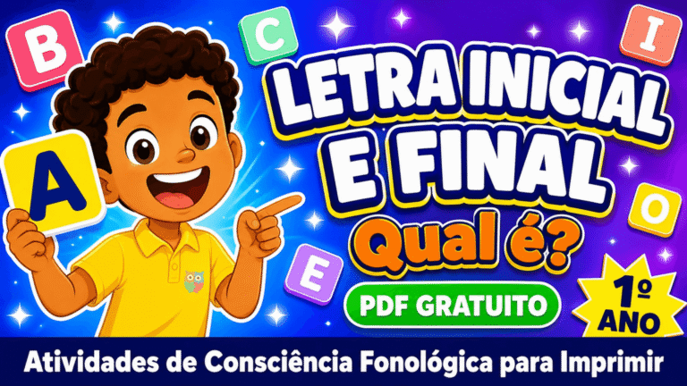 Capa do artigo com criança segurando letra A, título "Letra Inicial e Final - Qual é?" em letras grandes, fundo gradiente azul e roxo, com blocos de letras coloridas flutuando, badge "PDF Grátis" e "1º Ano". Letra Inicial e Final.