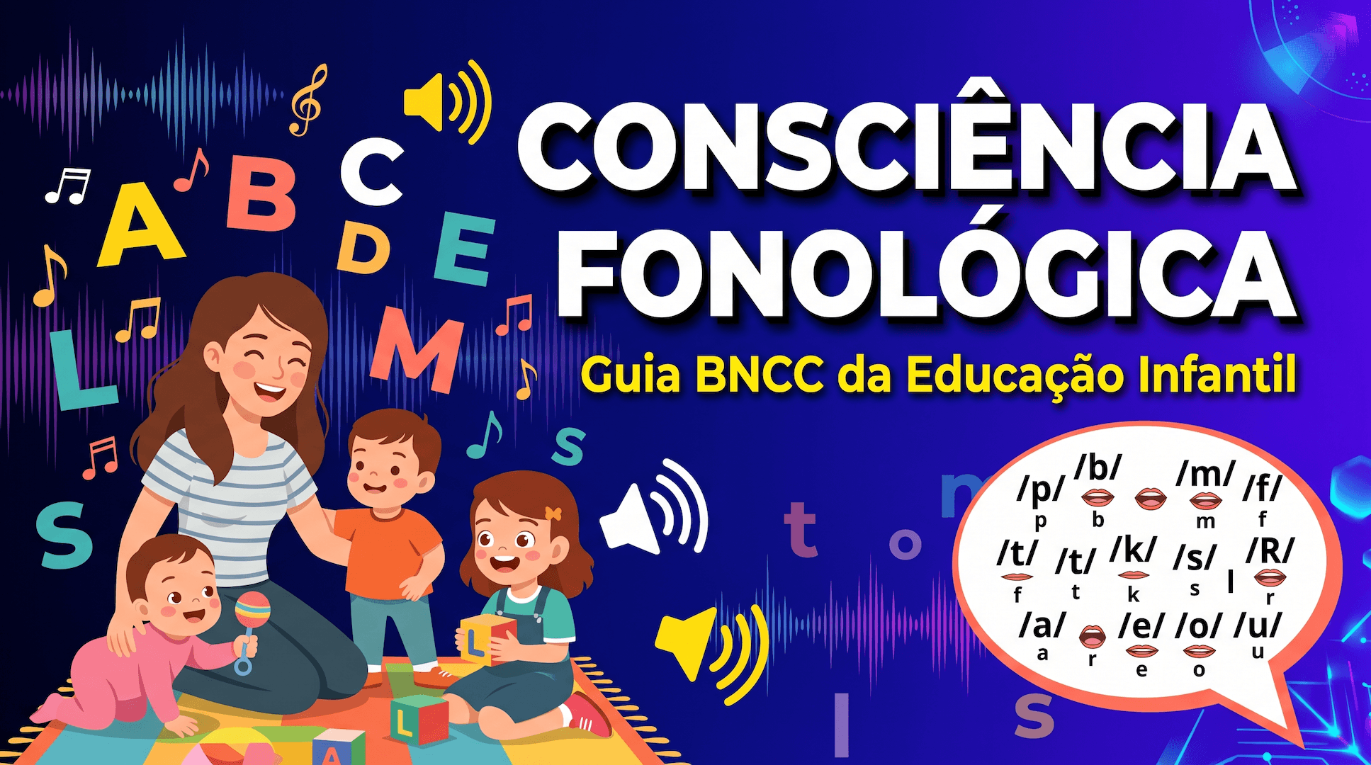 Consciência fonológica educação infantil: crianças rodeadas de letras coloridas e notas musicais representando desenvolvimento da linguagem na BNCC