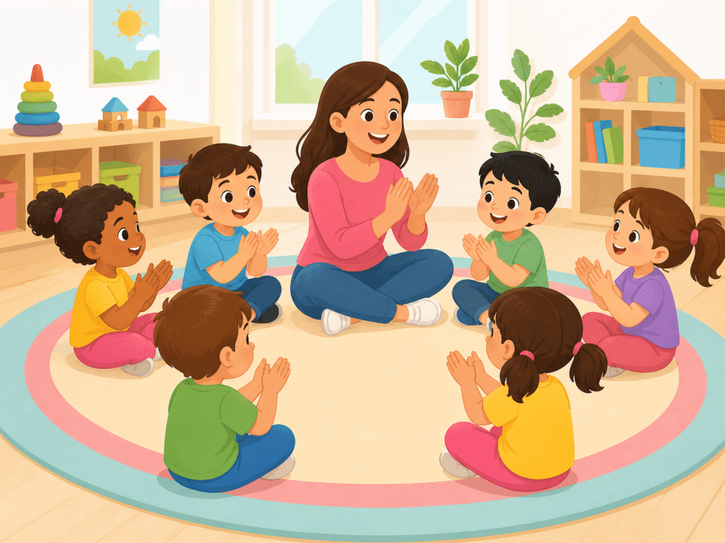 Atividade pedagógica de consciência fonológica educação infantil: crianças em roda na sala de aula batendo palmas em exercício de segmentação silábica
