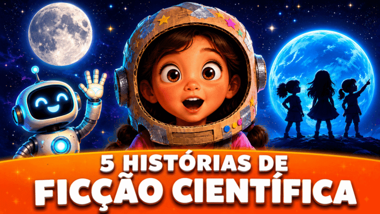 5 histórias de ficção científica infantil ilustradas com menina astronauta robô e planetas