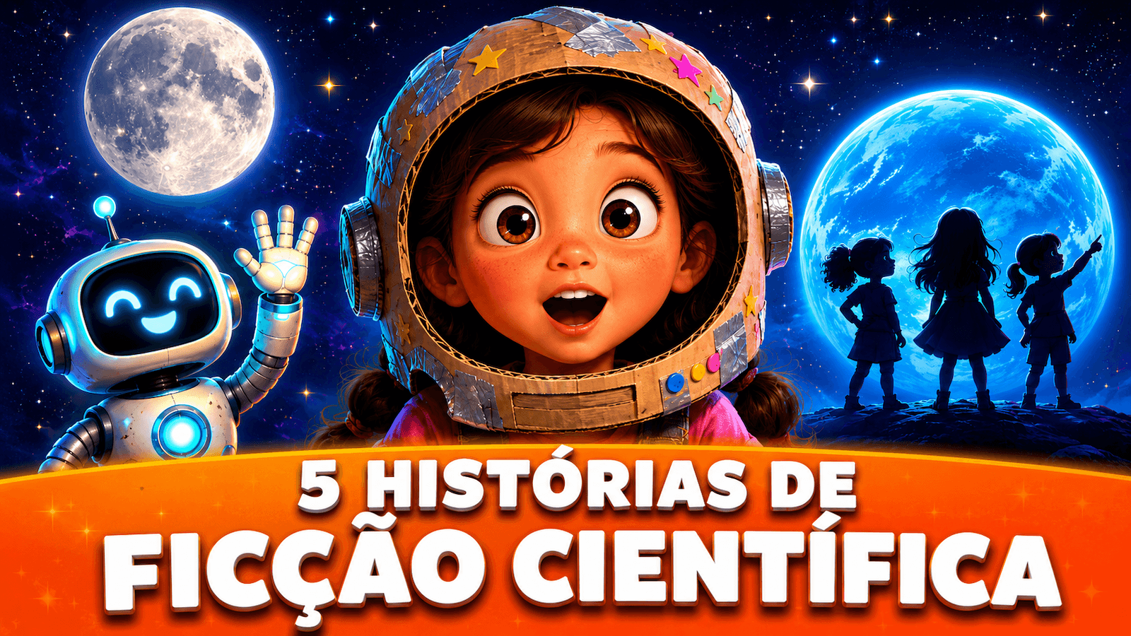 5 histórias de ficção científica infantil ilustradas com menina astronauta robô e planetas