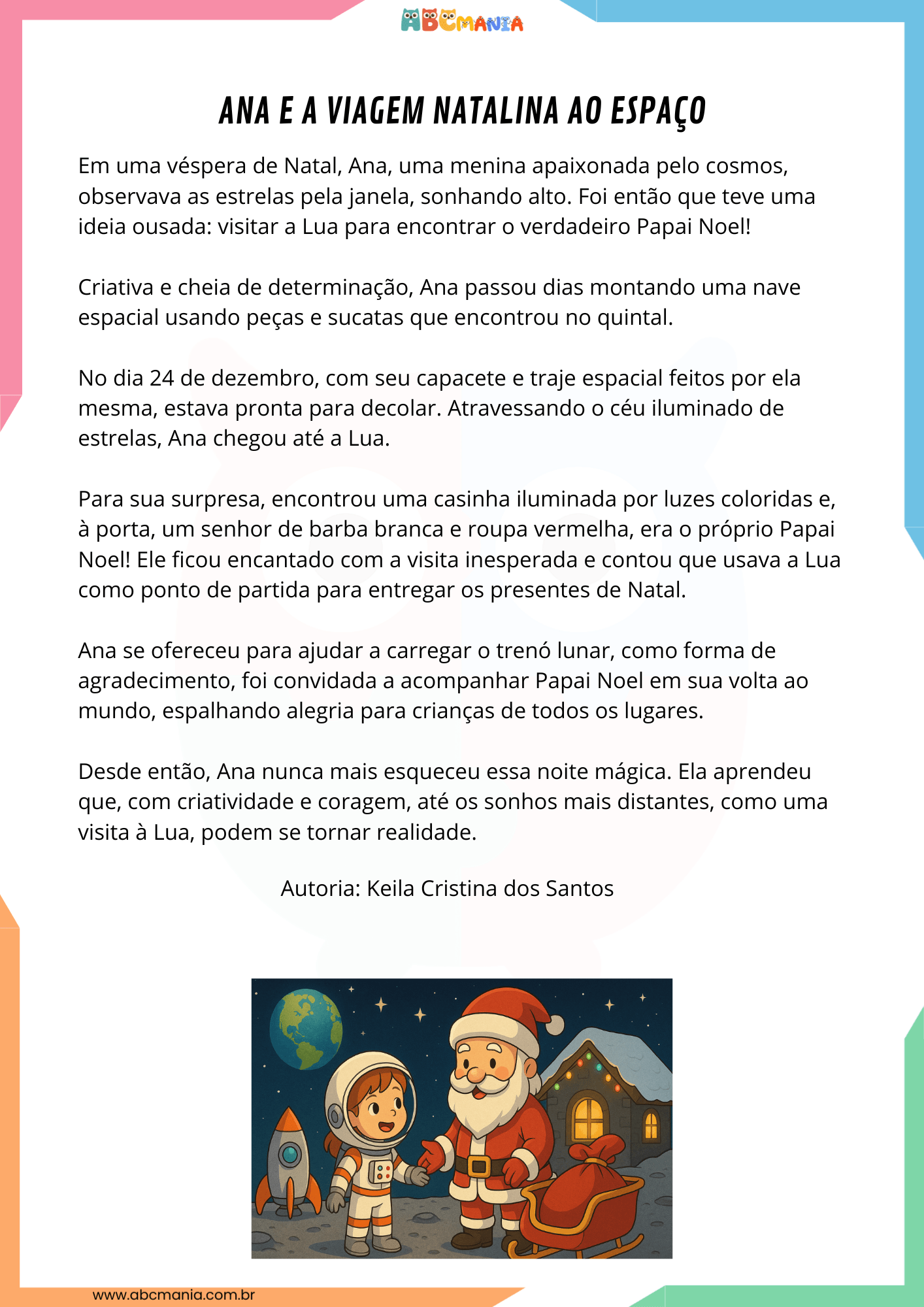 história infantil de ficção científica Ana e a Viagem Natalina ao Espaço para ler e imprimir