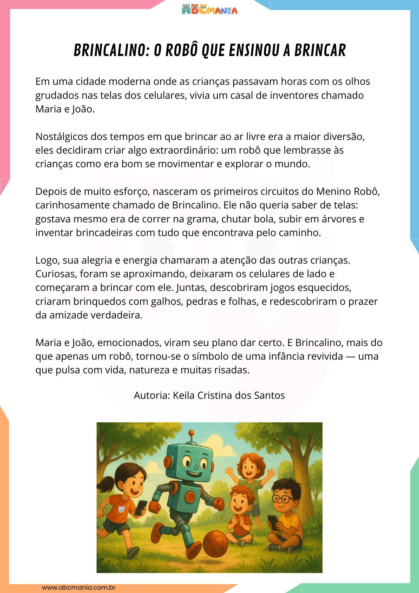 história infantil de ficção científica Brincalino o Robô Que Ensinou a Brincar para ler e imprimir