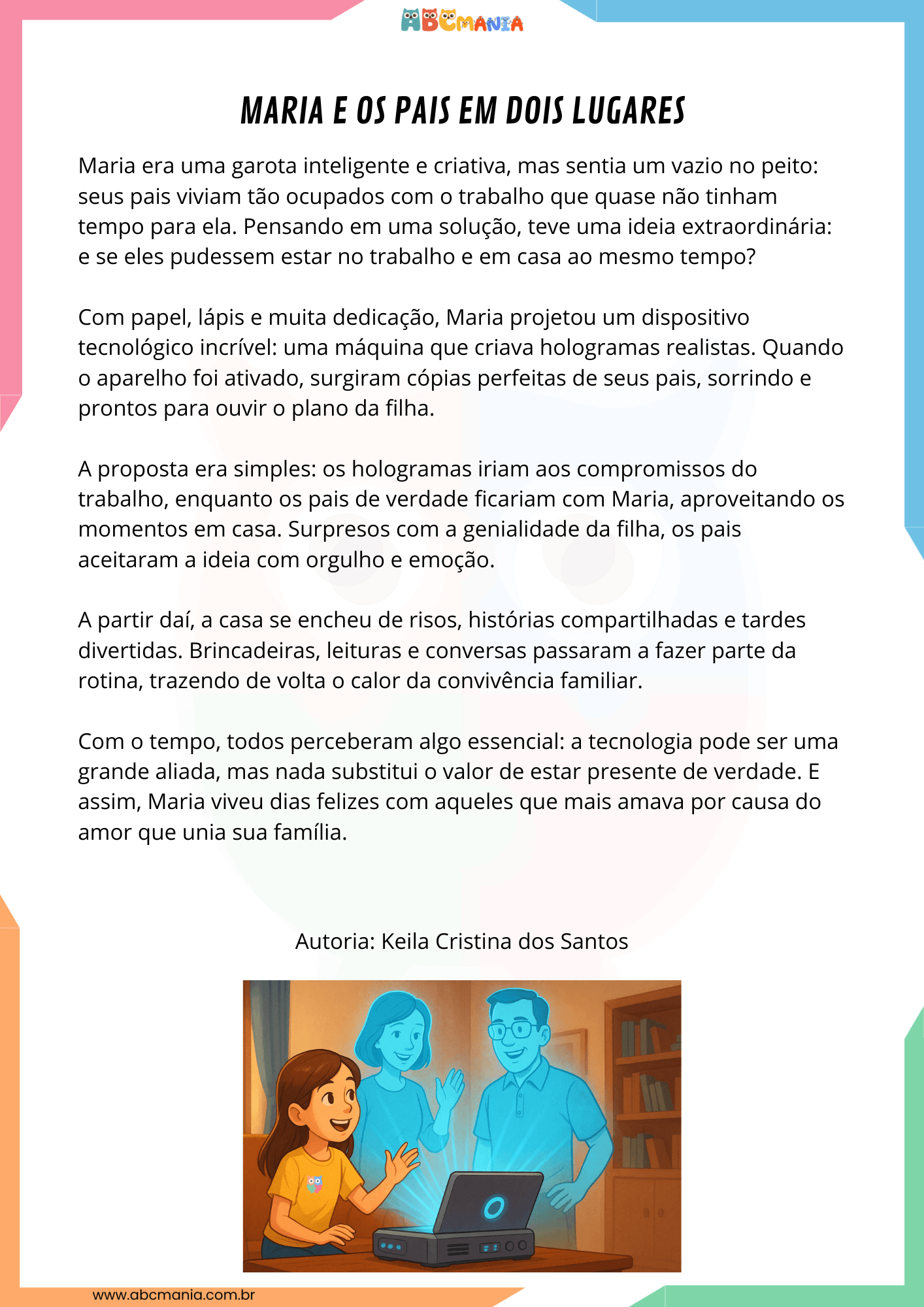história infantil de ficção científica Maria e os Pais em Dois Lugares para ler e imprimir